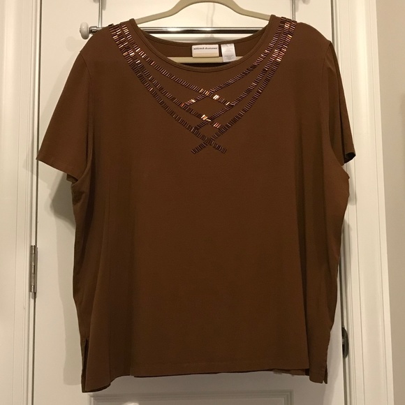 Alfred Dunner brown short-sleeved blouse with coppery-bronze pin beading (2X) - Picture 3 of 16